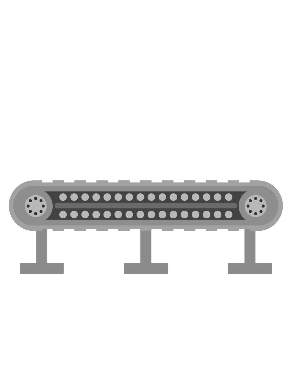 Silhouette of a conveyor belt system with rollers supported by three stands, used for industrial or manufacturing processes.
