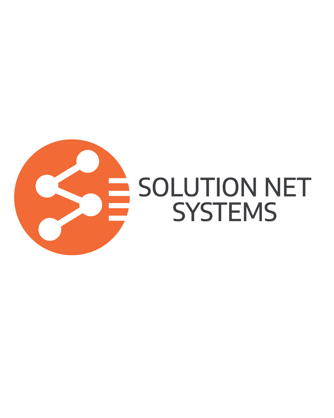 Logo of Solution Net Systems featuring an orange circle with a black network icon and the company name in black text.