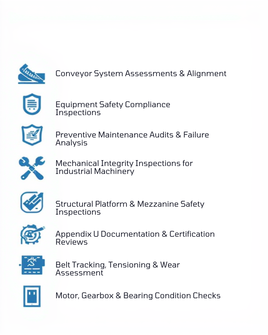 List of industrial inspection and maintenance services with icons, including conveyor system assessments, equipment safety inspections, maintenance audits, machinery integrity inspections, structural inspections, documentation reviews, belt tracking, and motor checks.