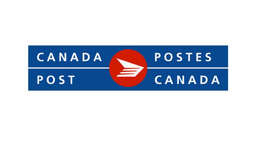 Canada Post logo with blue background and white text, featuring a red circle with a white arrow in the center.