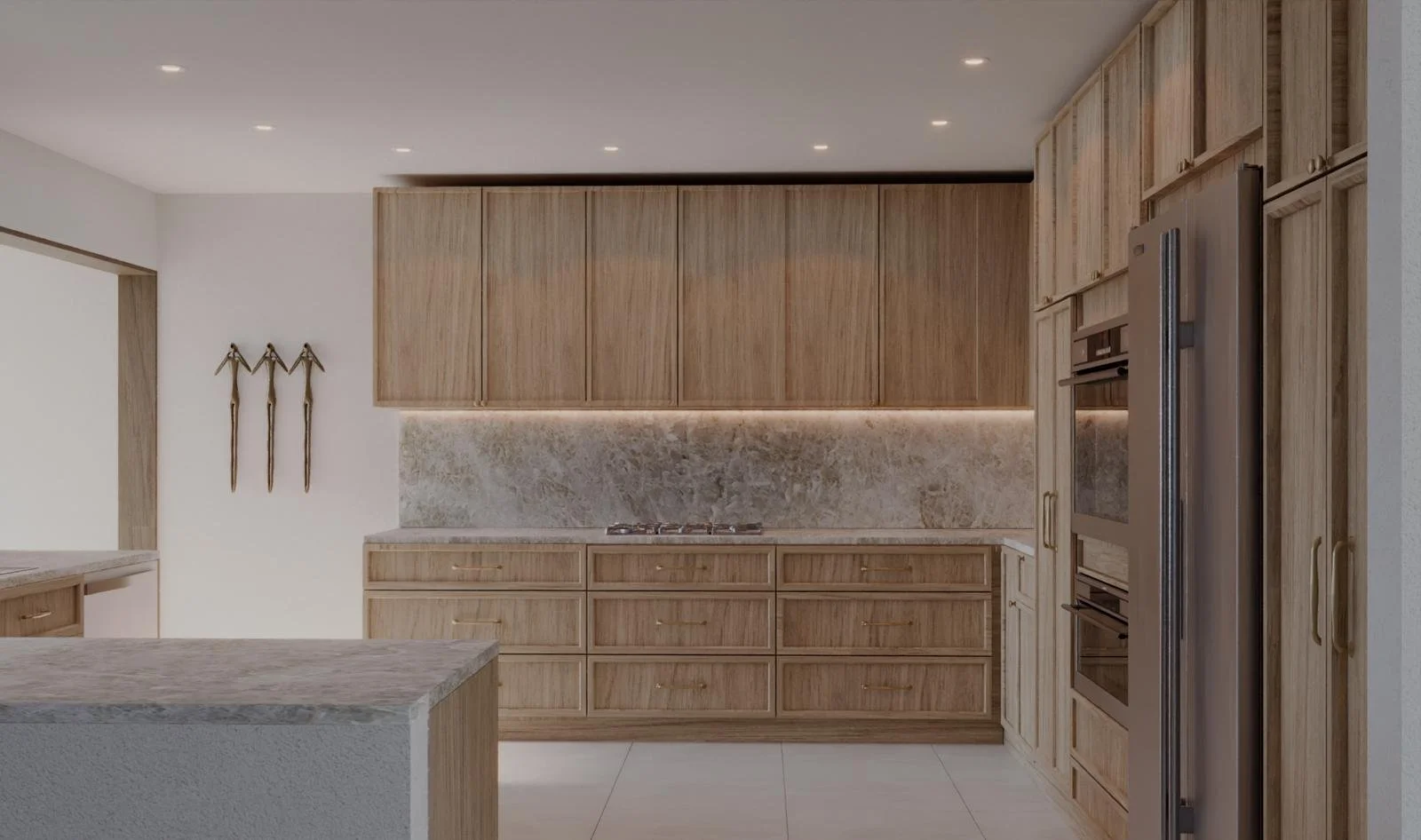 Modern kitchen with wooden cabinets, marble backsplash, stainless steel refrigerator, and minimalist decor.