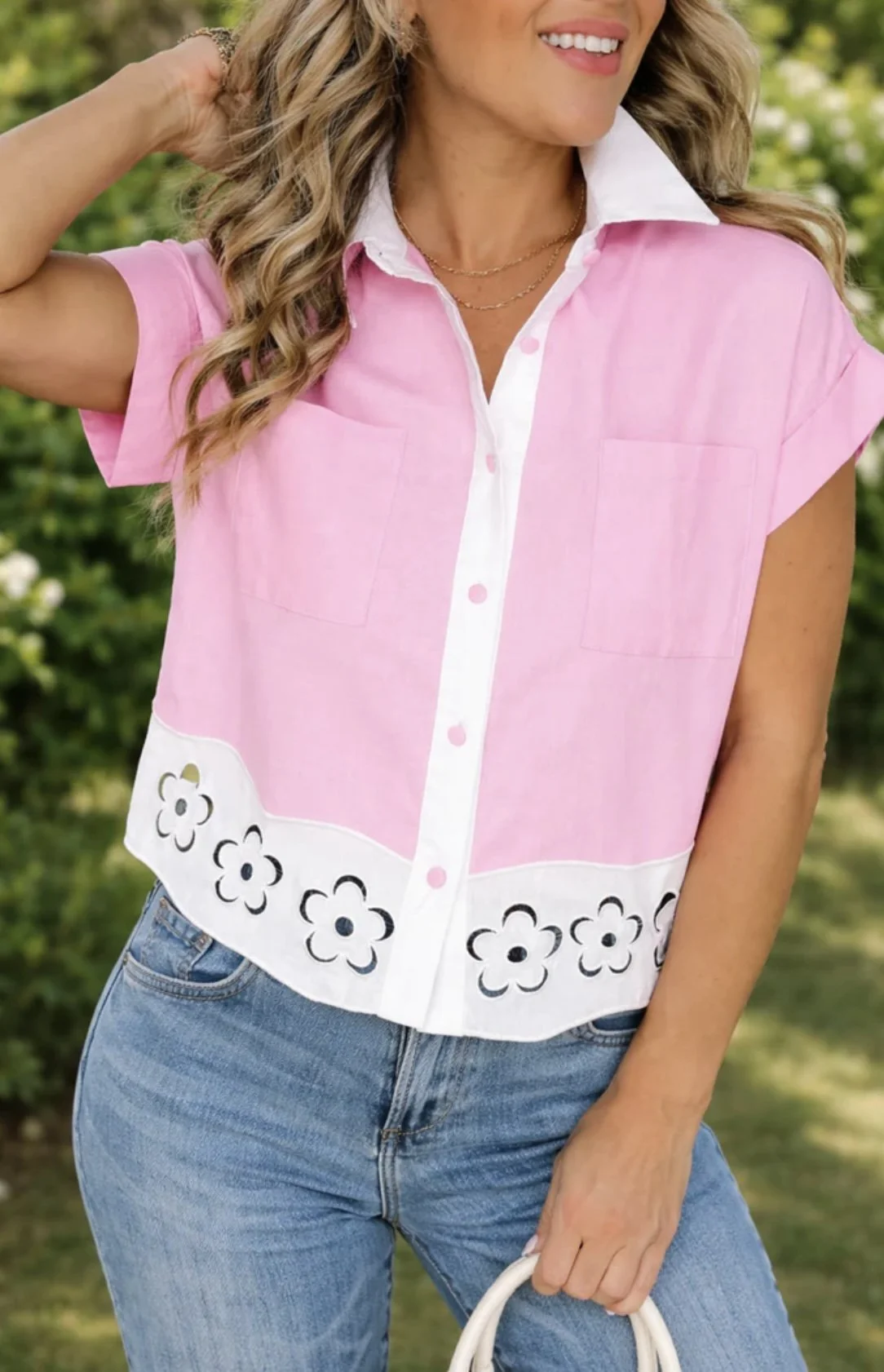 Pink Floral Patchwork Button Shirt