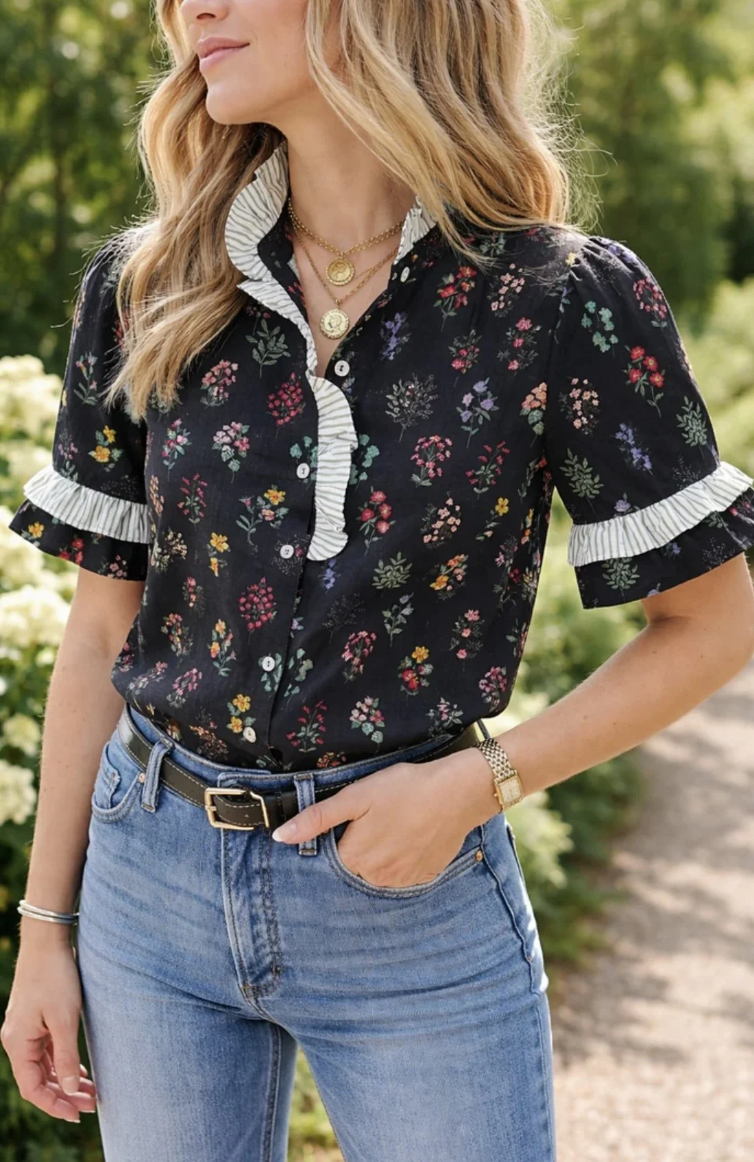 Black Frilled Trim Floral Shirt