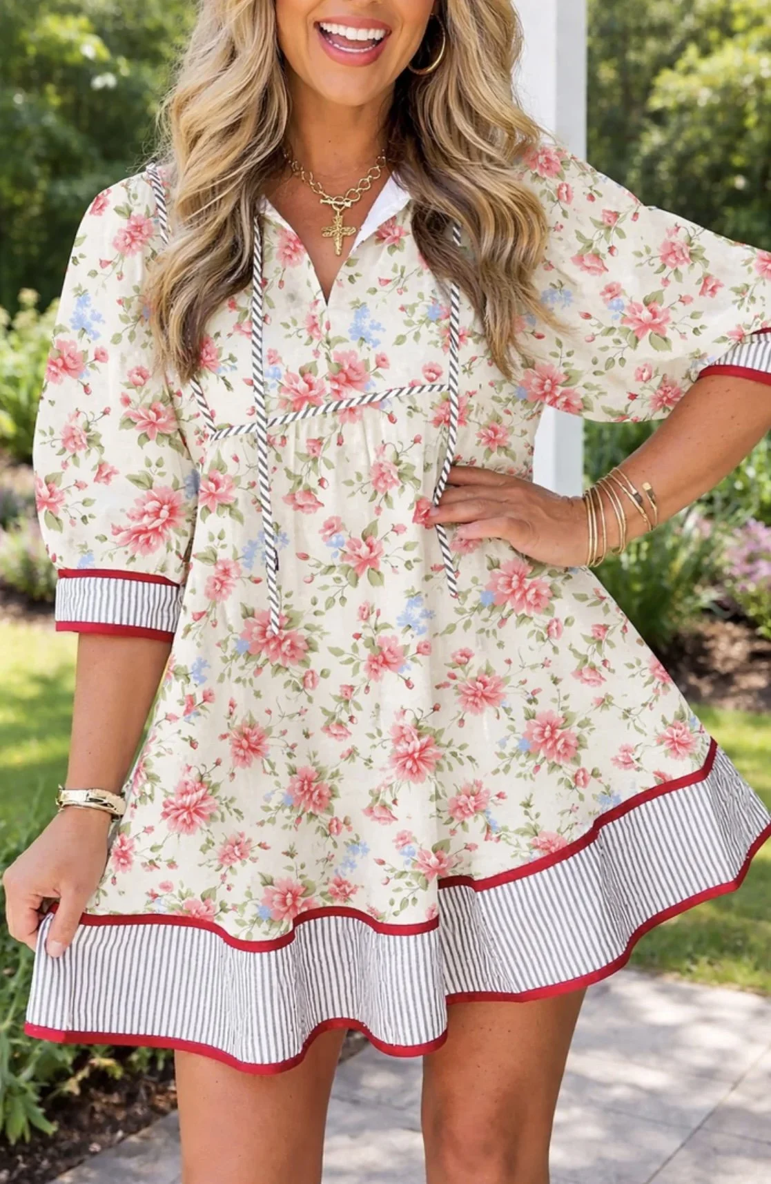 Apricot Puff Floral Dress