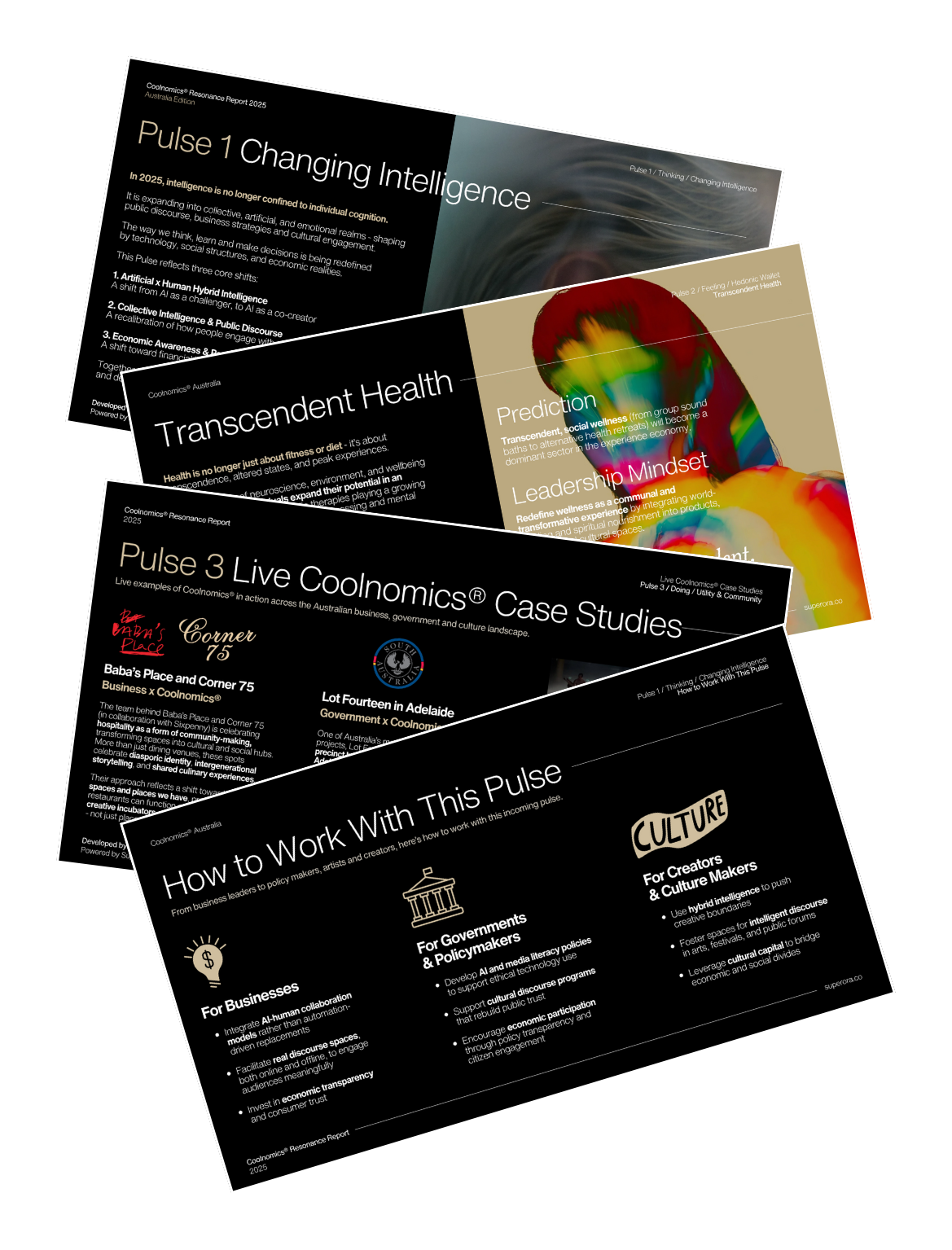 Collage of reports on Changing Intelligence, Transcendent Health, and Coolnomics Case Studies, including sections for businesses, governments, and creators.