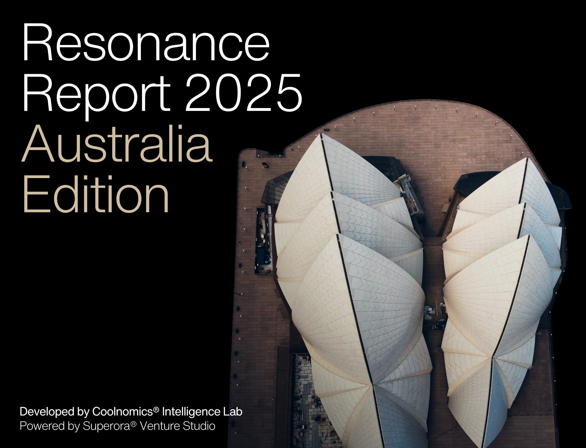 Aerial view of the Sydney Opera House accompanied by the text 'Resonance Report 2025 Australia Edition.'