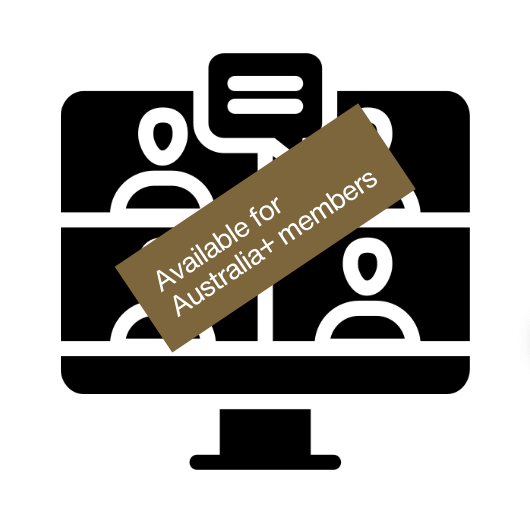 Icon of a video conference on a computer screen with "Available for Australia+ members" text overlaid.