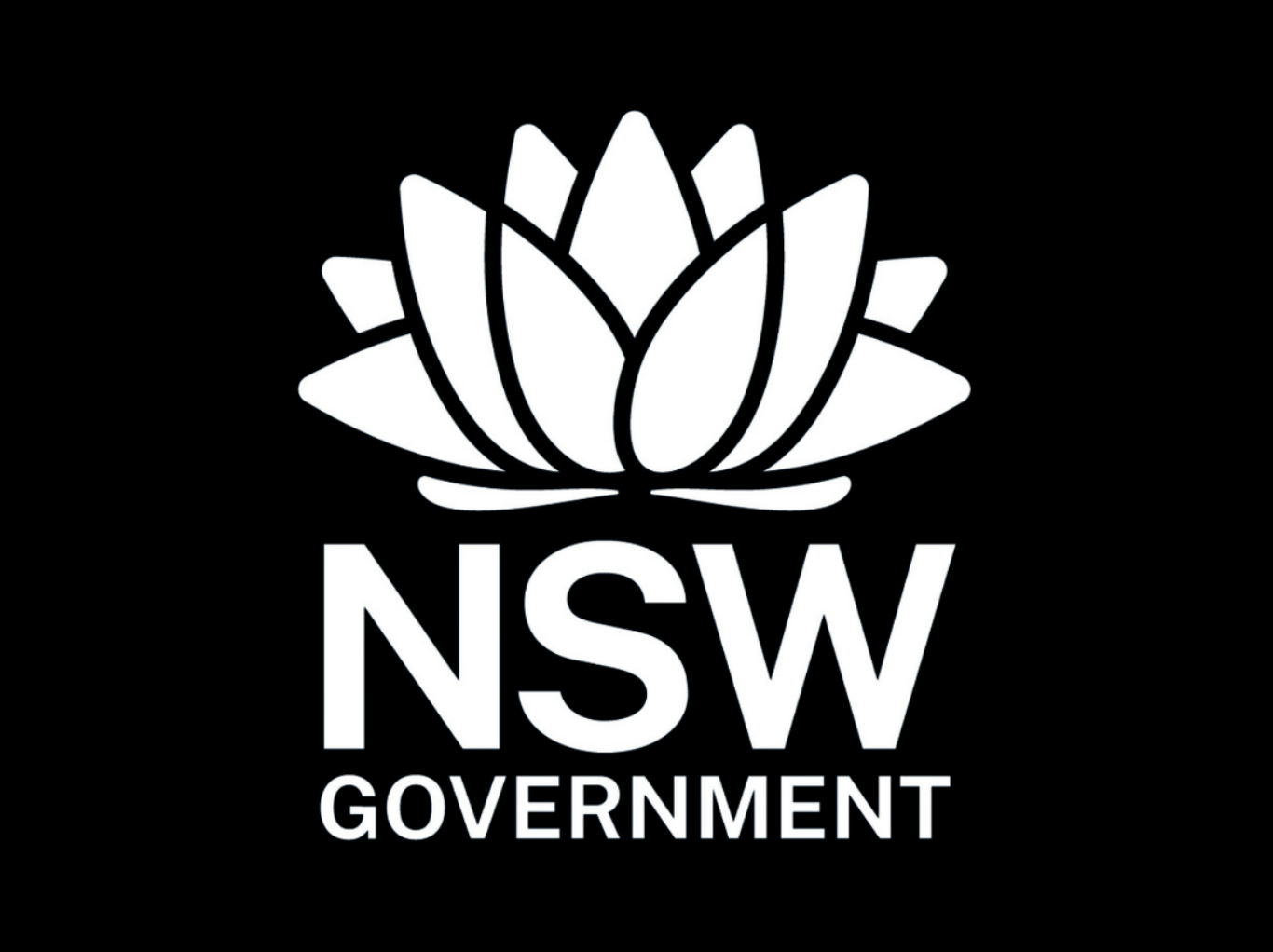 NSW Government logo with stylized white flower on black background.