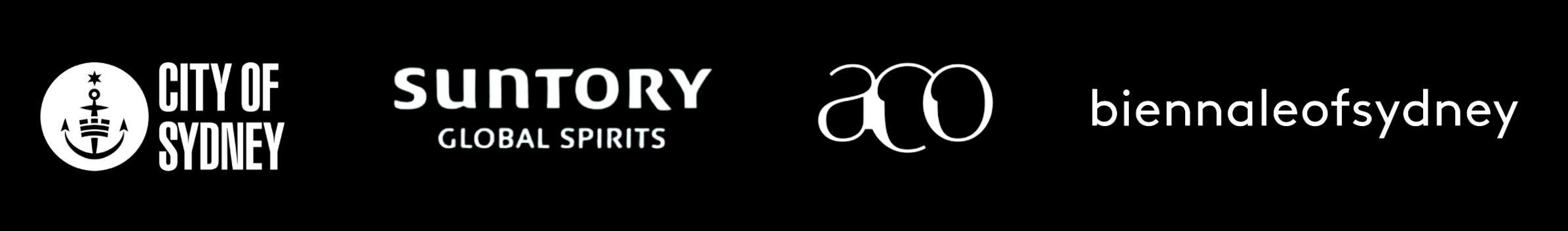 Logos of City of Sydney, Suntory Global Spirits, ACO, and Biennale of Sydney on a black background.