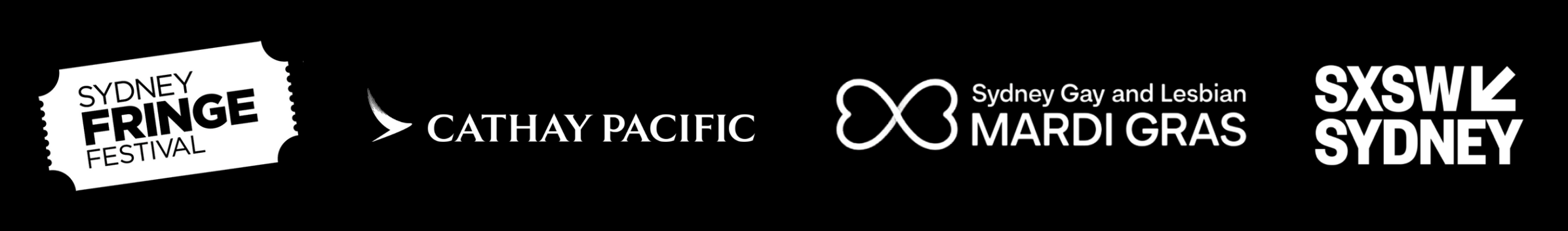 Logos of Sydney Fringe Festival, Cathay Pacific, Sydney Gay and Lesbian Mardi Gras, SXSW Sydney on a black background.
