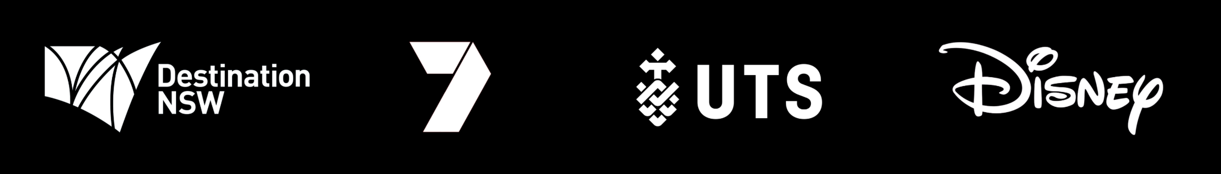 Logos of Destination NSW, Channel 7, UTS, and Disney on a black background.