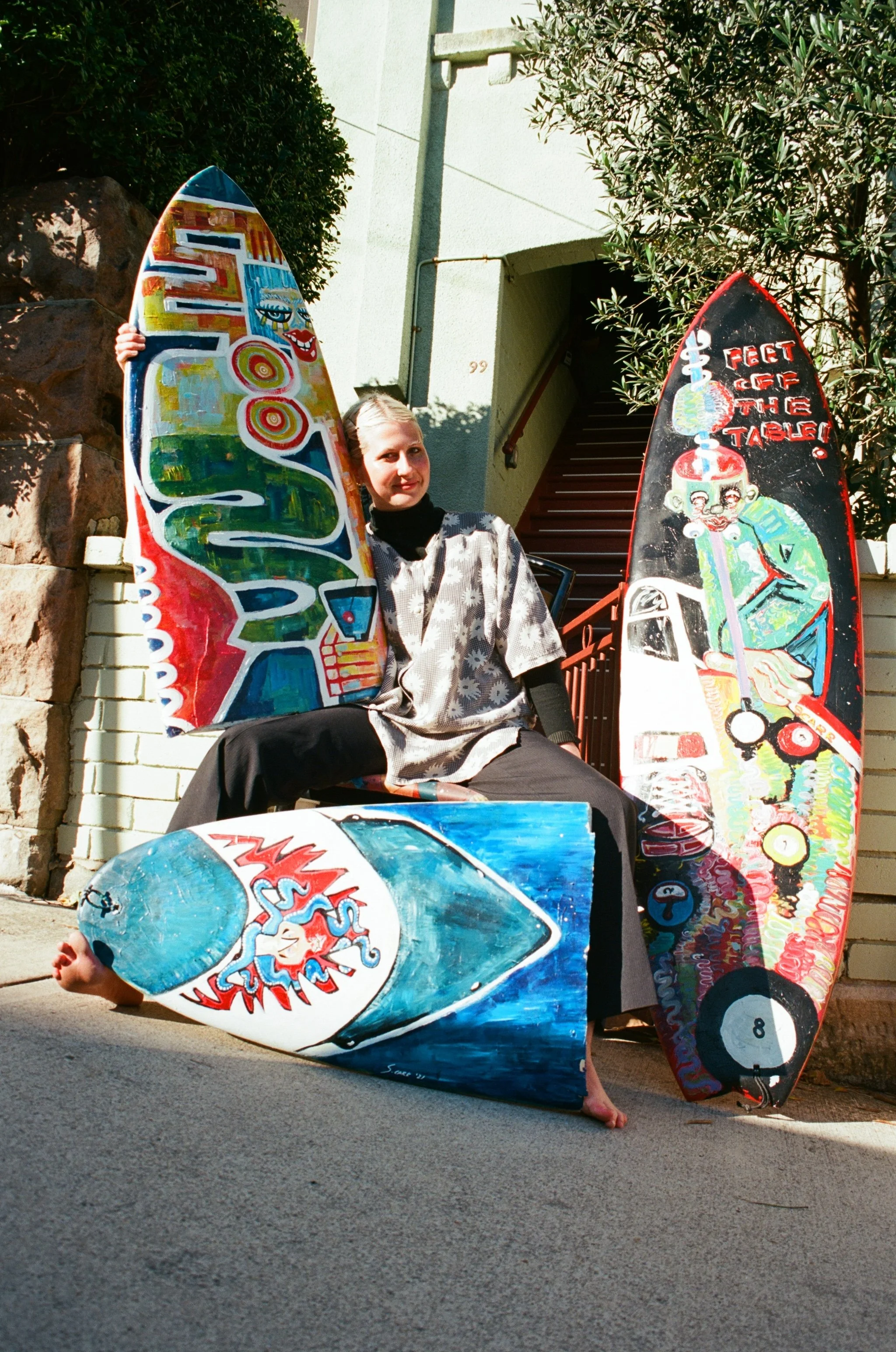 TITLE: Discarded surfboards, MEDIUM(s): Acrylic, found materials, DIMENSIONS: varied, YEAR: 2021-23 