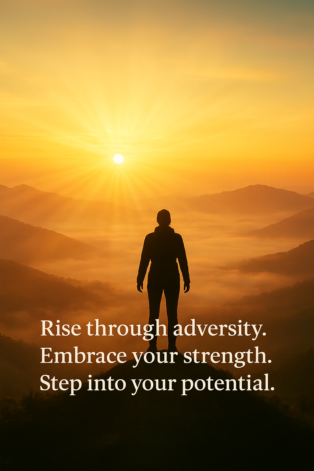 Silhouette of person sanding on mountain top looking into the sunset