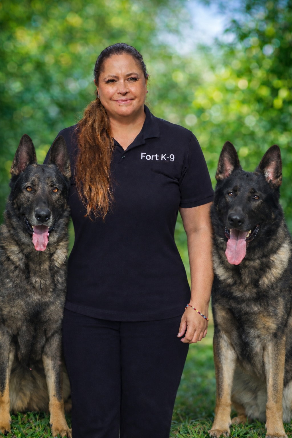A dog trainer standing next to two german shepherds.