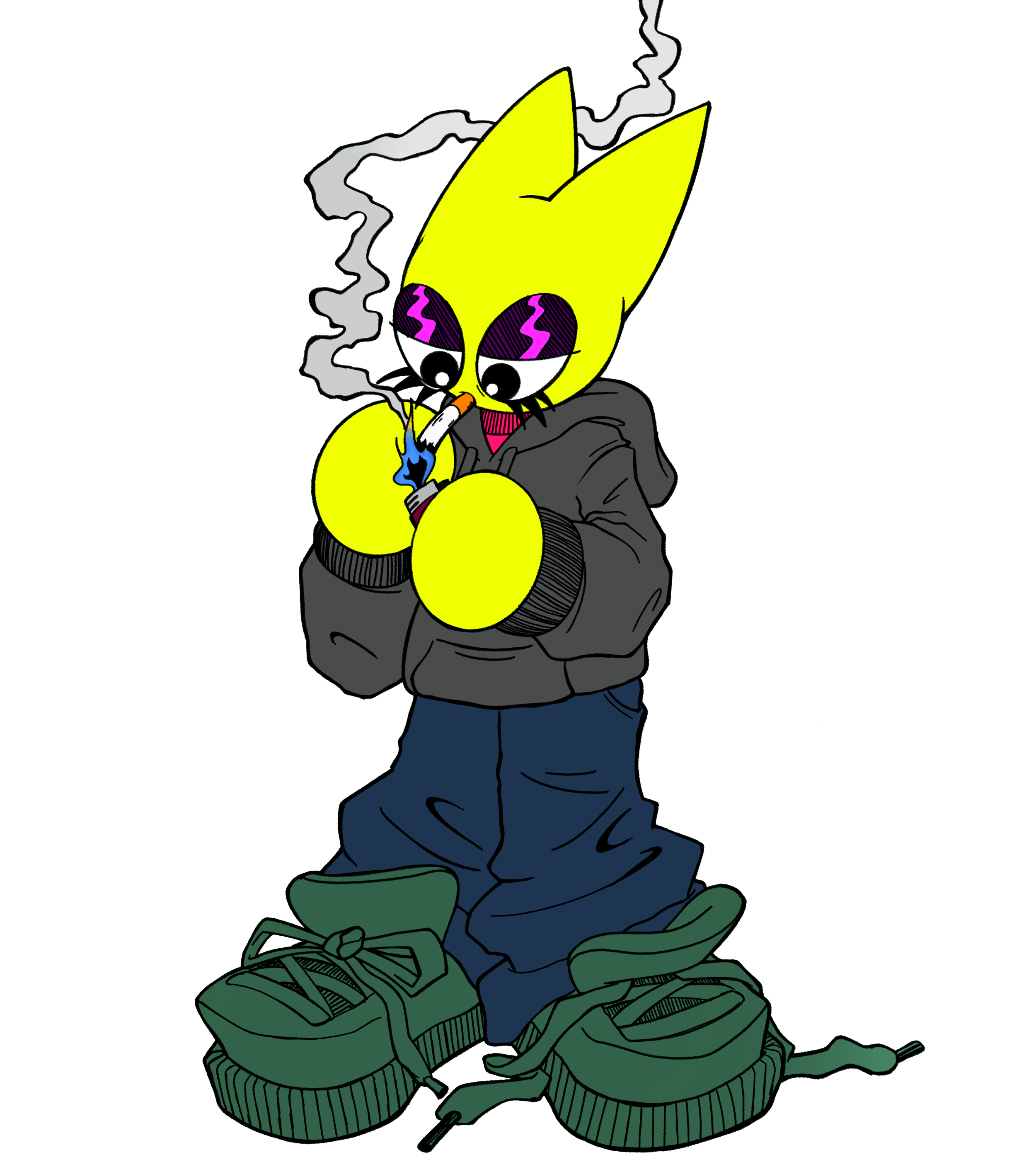 A cartoon yellow character with large violet eyes smoking a cigarette, wearing a gray hoodie, dark blue pants, and green sneakers, standing on a pair of black shoes with green laces, against a black background.
