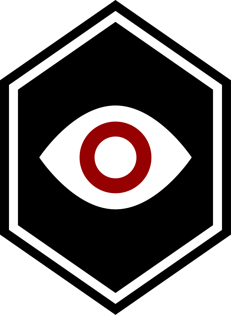 A black hexagon with a white border, featuring a white eye with a red circle in the center inside.