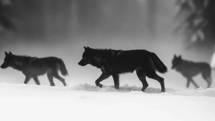 Three black wolves walking in the snow, with a blurred natural background.
