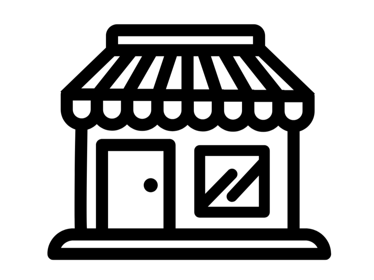 Black and white icon of a small storefront with a striped awning, a door, and a window.