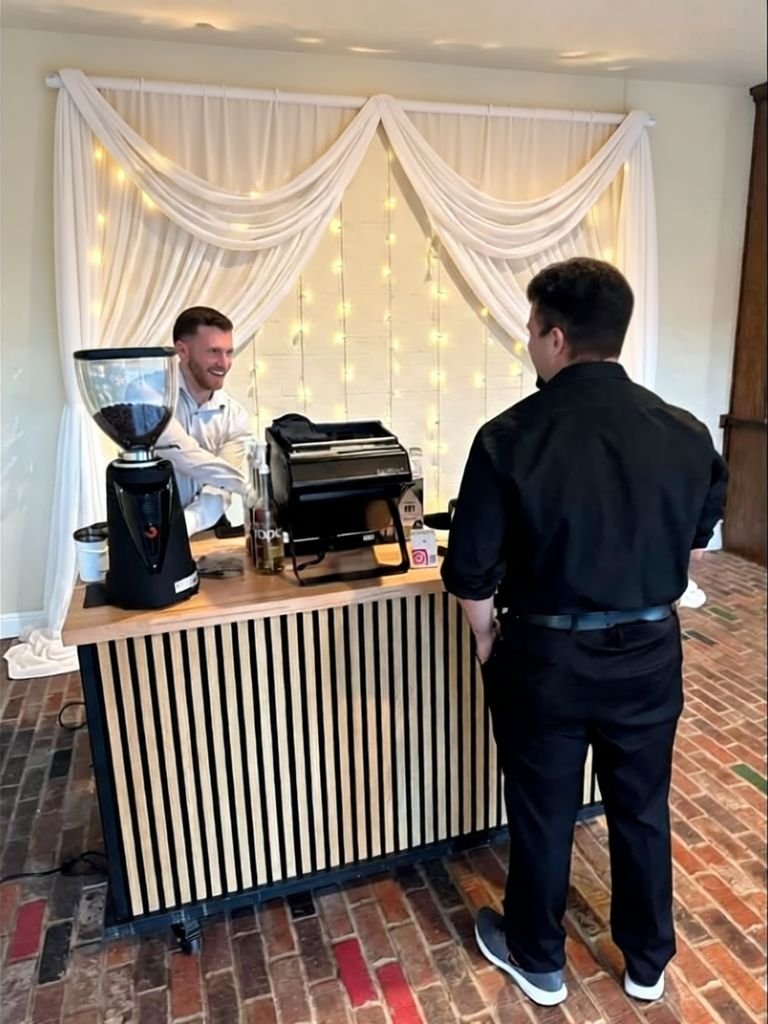 Mobile espresso cart serving wedding guests in Fort Worth