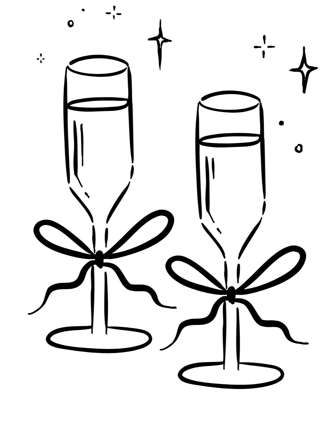 Line drawing of two champagne glasses with bows around their stems, surrounded by stars and sparkles.