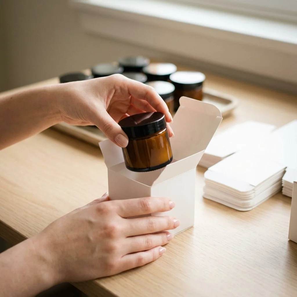 A person is placing a small amber glass jar into a white cardboard box on a wooden table, with other similar jars and stacks of white cards nearby.
