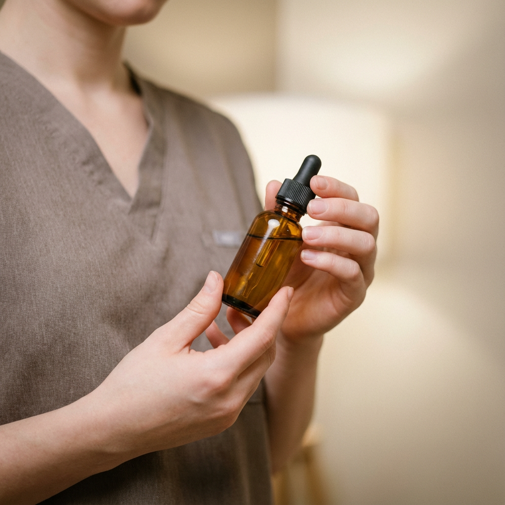 A person holding a brown glass dropper bottle with a black dropper cap, likely containing a liquid such as medicine or essential oil.