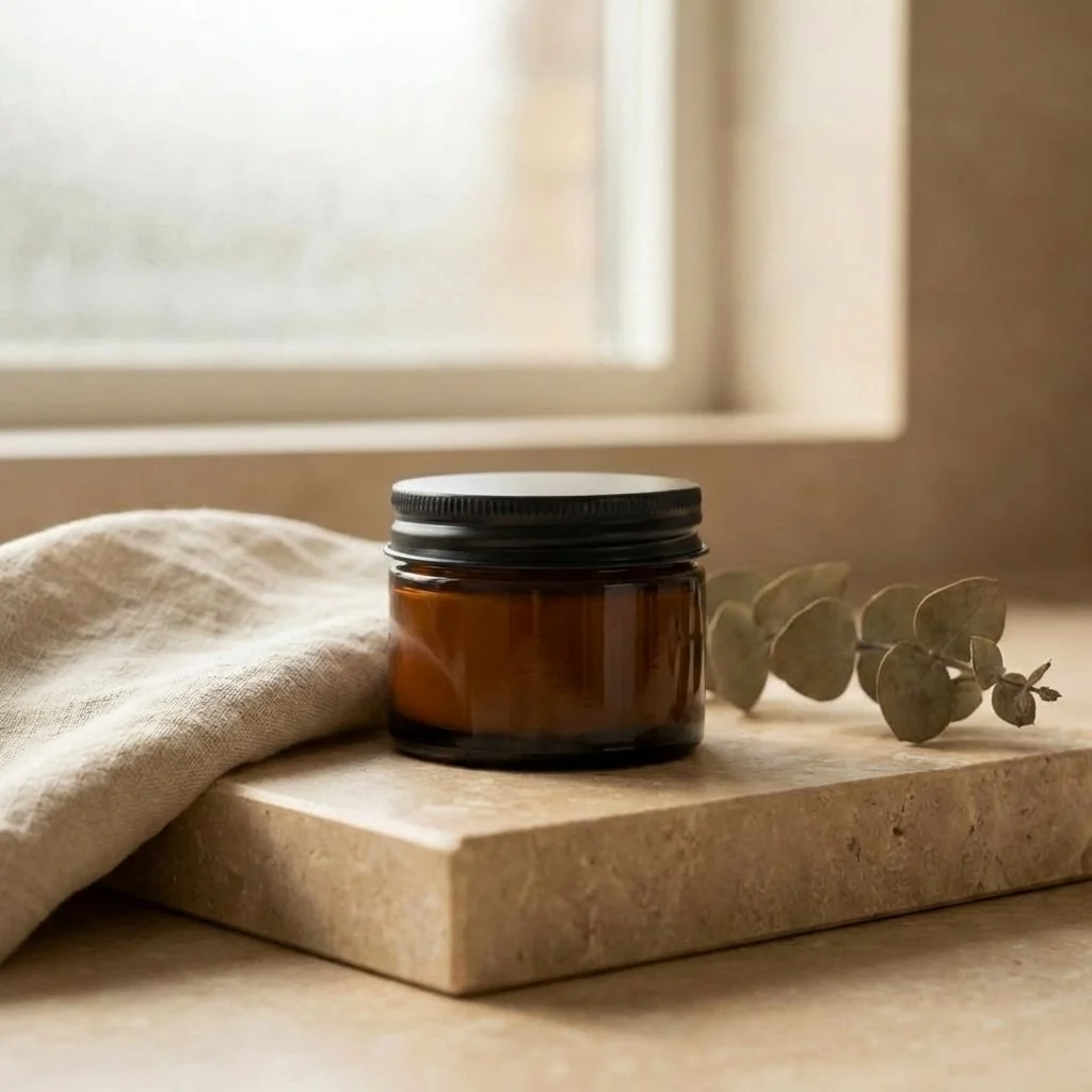 An amber glass jar with a black lid on a stone surface, beside a beige cloth and eucalyptus leaves, near a window.