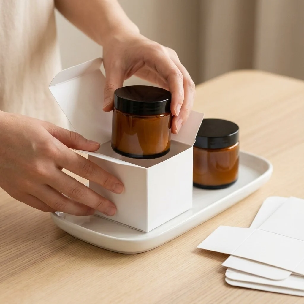 Person handling brown glass jars with black lids, placing one into a white box on a tray, with additional jars on a wooden table.