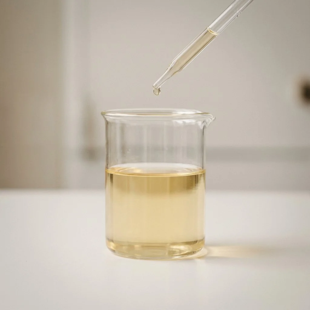 A glass beaker with a clear yellow liquid and a glass pipette with a drop of liquid suspended from it.