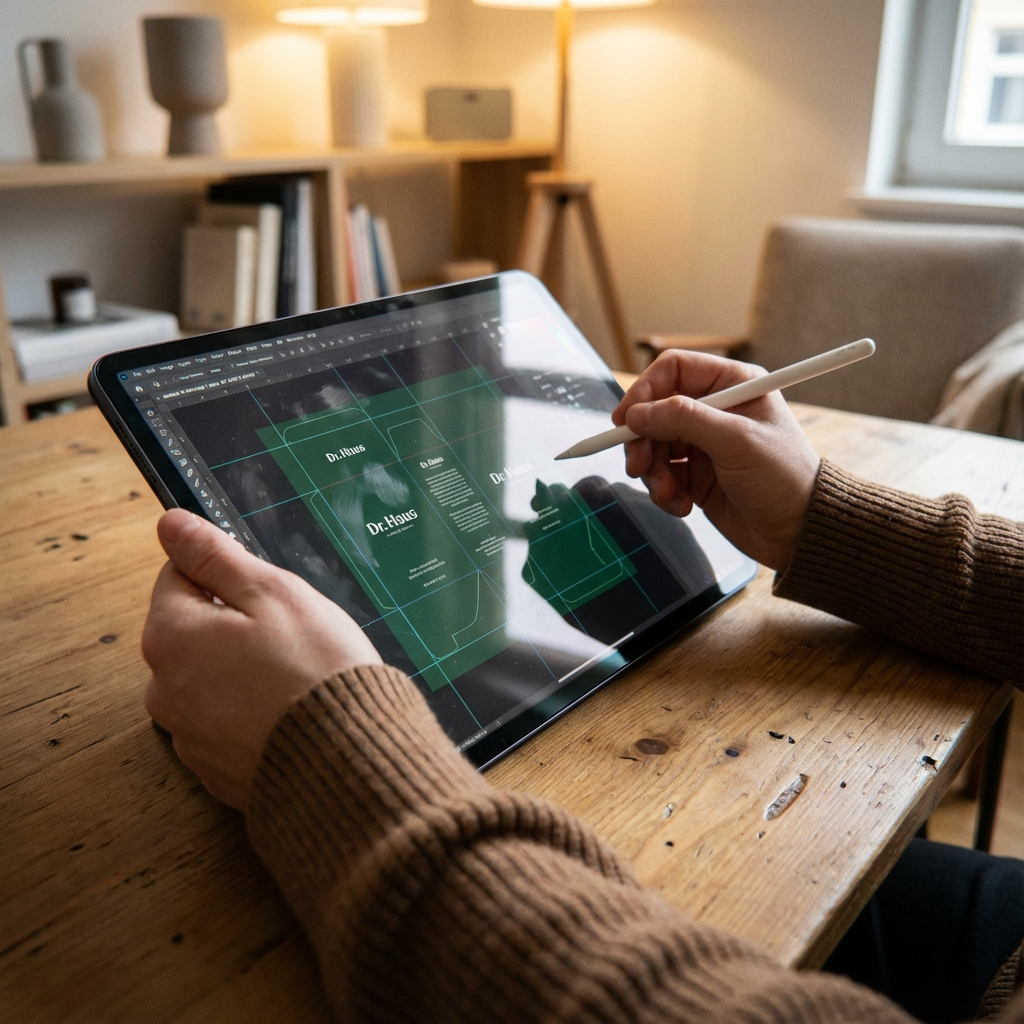 Person working on graphic design project on a tablet with a stylus in a cozy home office setting.