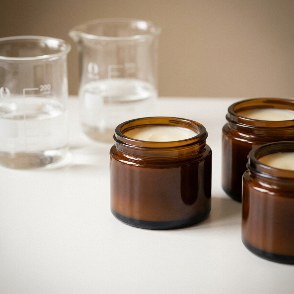 Three small brown jars with white candles inside, placed on a white surface, with two clear glass beakers of water in the background.