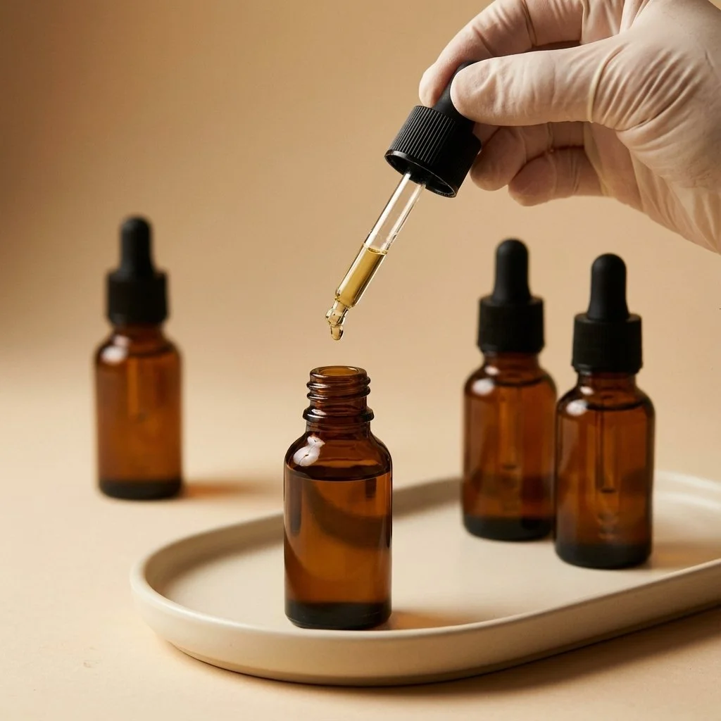 A person wearing gloves using a dropper to transfer liquid into a small amber glass bottle, with three more amber bottles with droppers on a tray in the background.