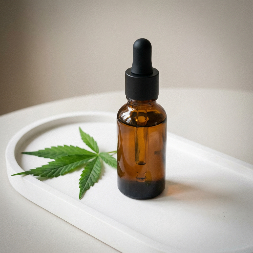 An amber glass dropper bottle placed on a white tray alongside a green cannabis leaf.