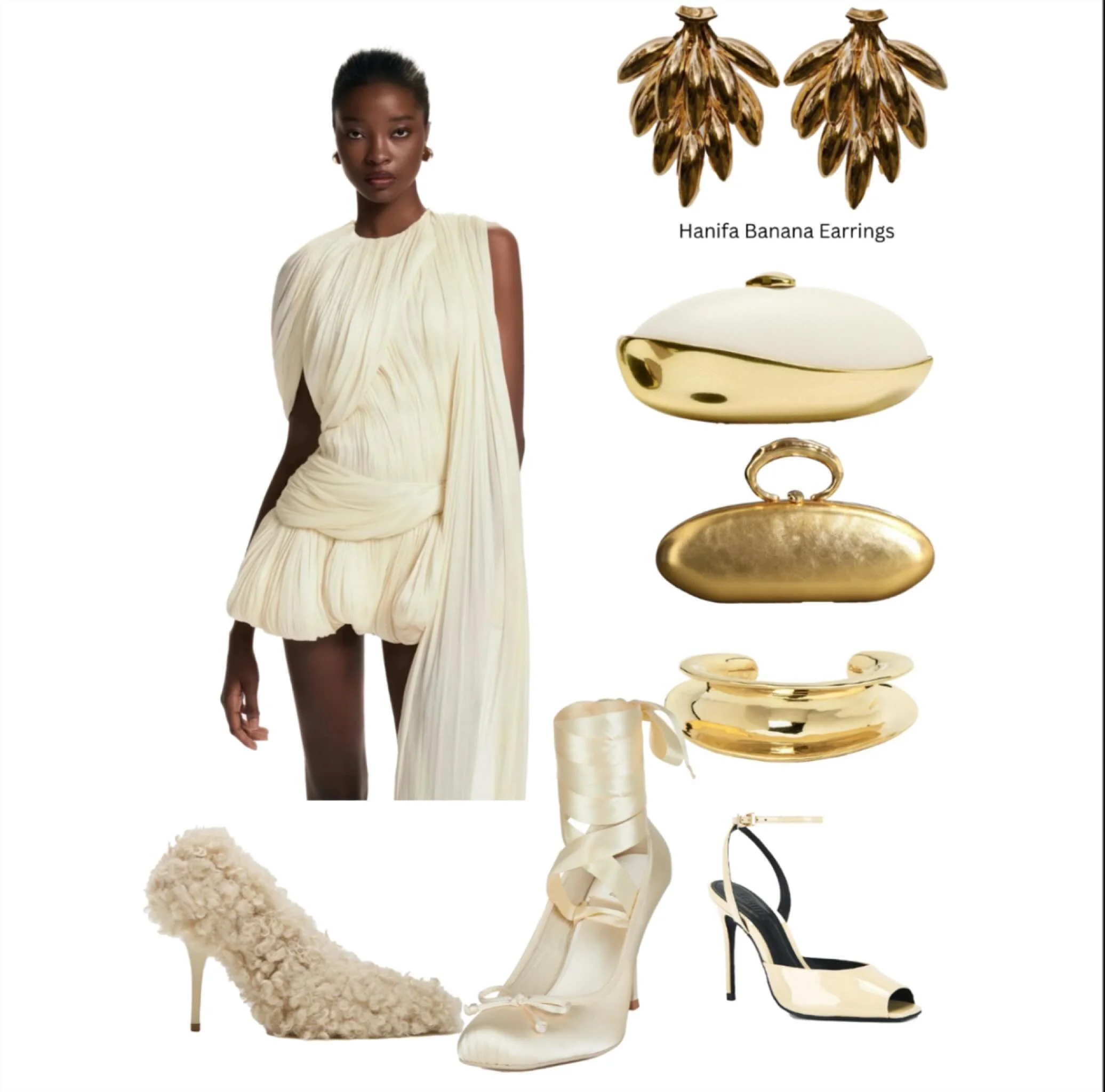 🛒🛍️As a personal stylist I gather a variety of pieces for one look to be styled many ways. This is one of my many Met Gala inspired looks. This wardrobe features @hanifaofficial banana earrings, @christianlouboutin Cassia Lace Up pumps, @missrosier