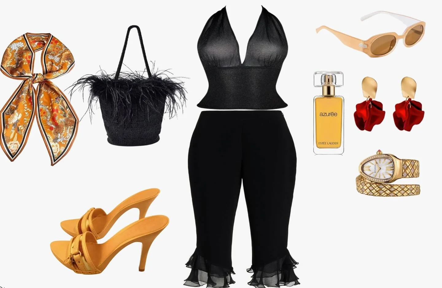 Silk scarfs are trending this year as well as ruffles. I love the simplicity of this look. The ruffles in the capris pair well with this woven bag. Orange being the statement color of choice in the heels, I found that this scarf goes perfectly and a 