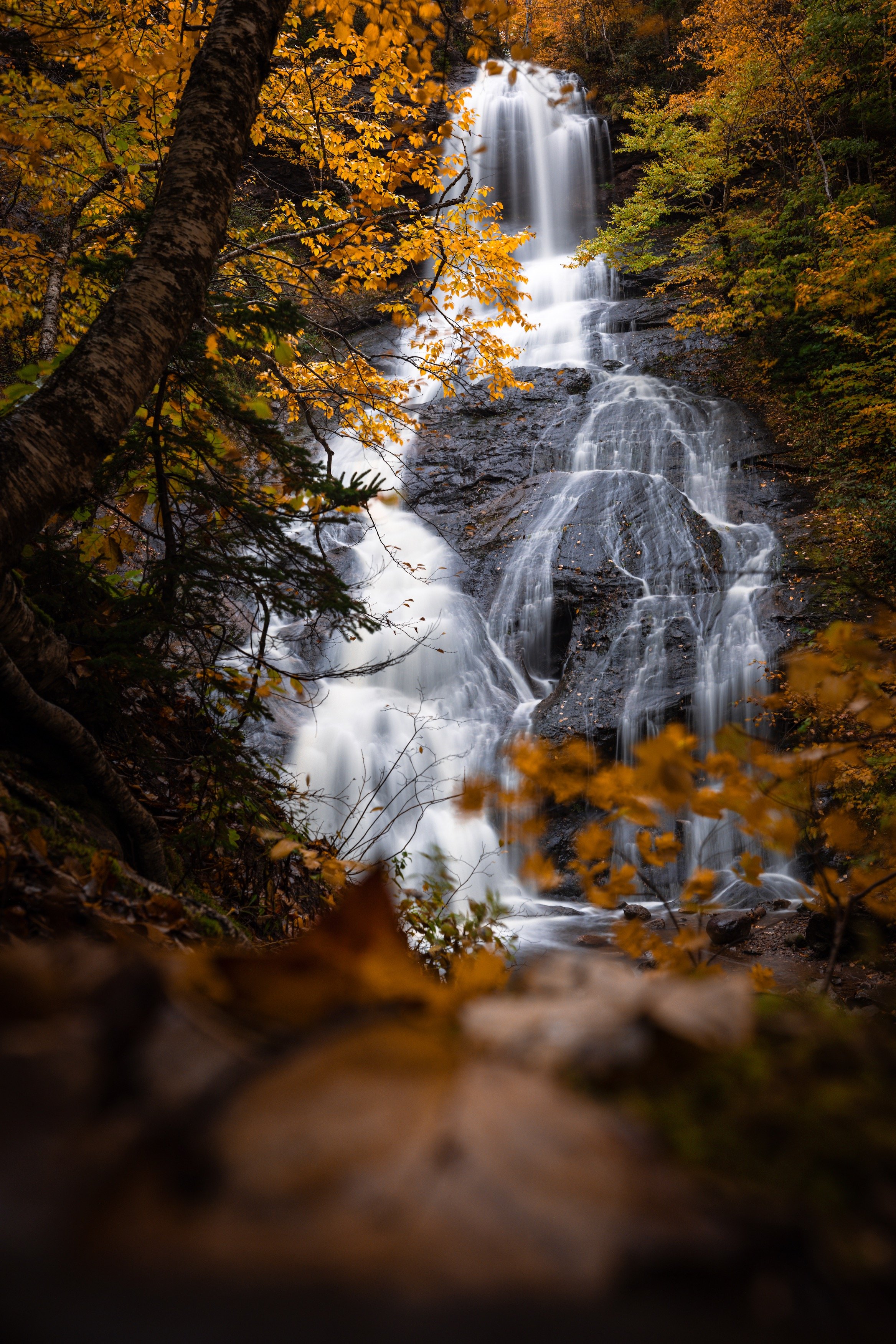 A waterfall cascading down a rocky cliff surrounded by trees with autumn orange and yellow leaves.