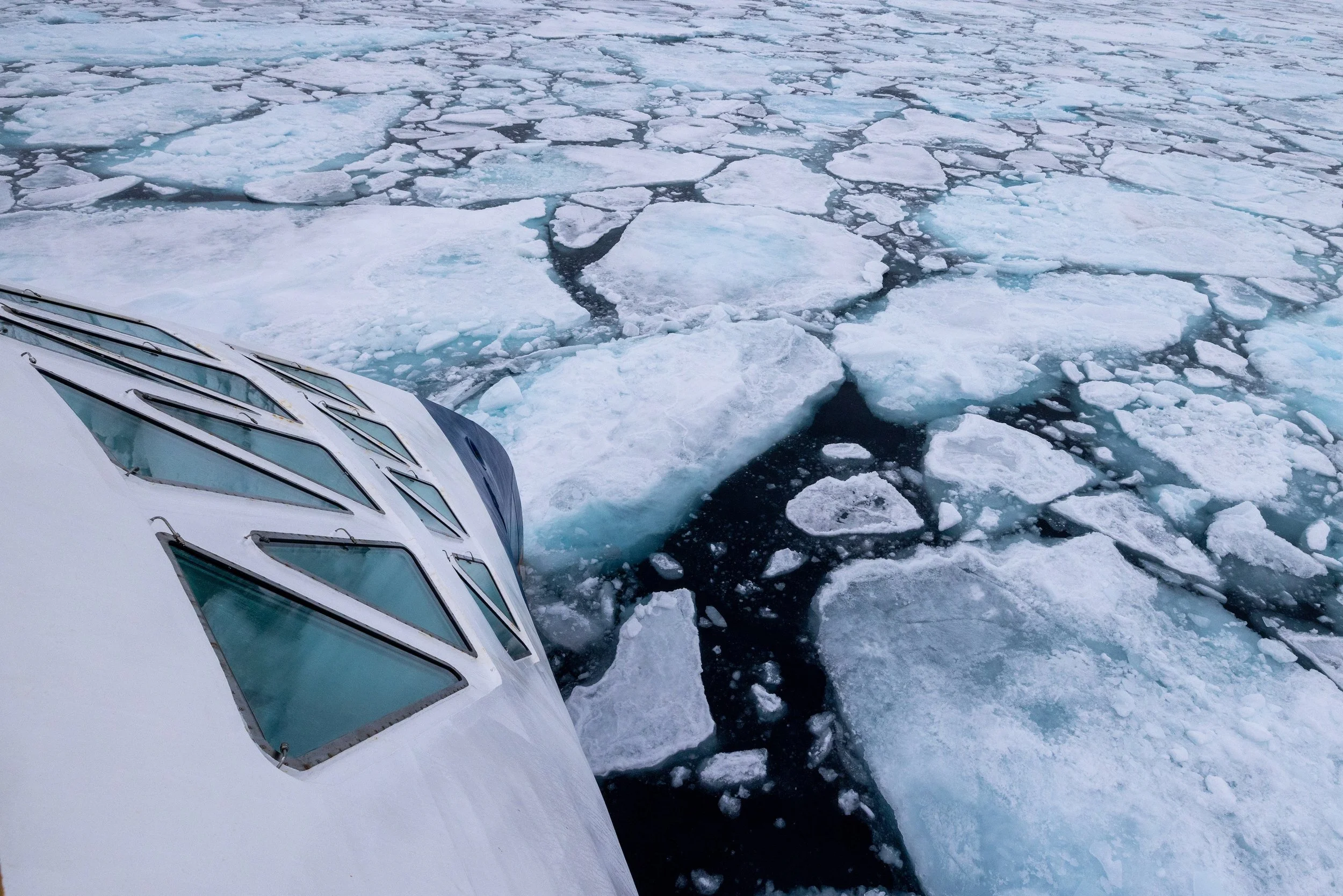 Part of a white icebreaker ship with large, angled windows approaching a melting ice-covered sea with floating ice chunks and cracks.
