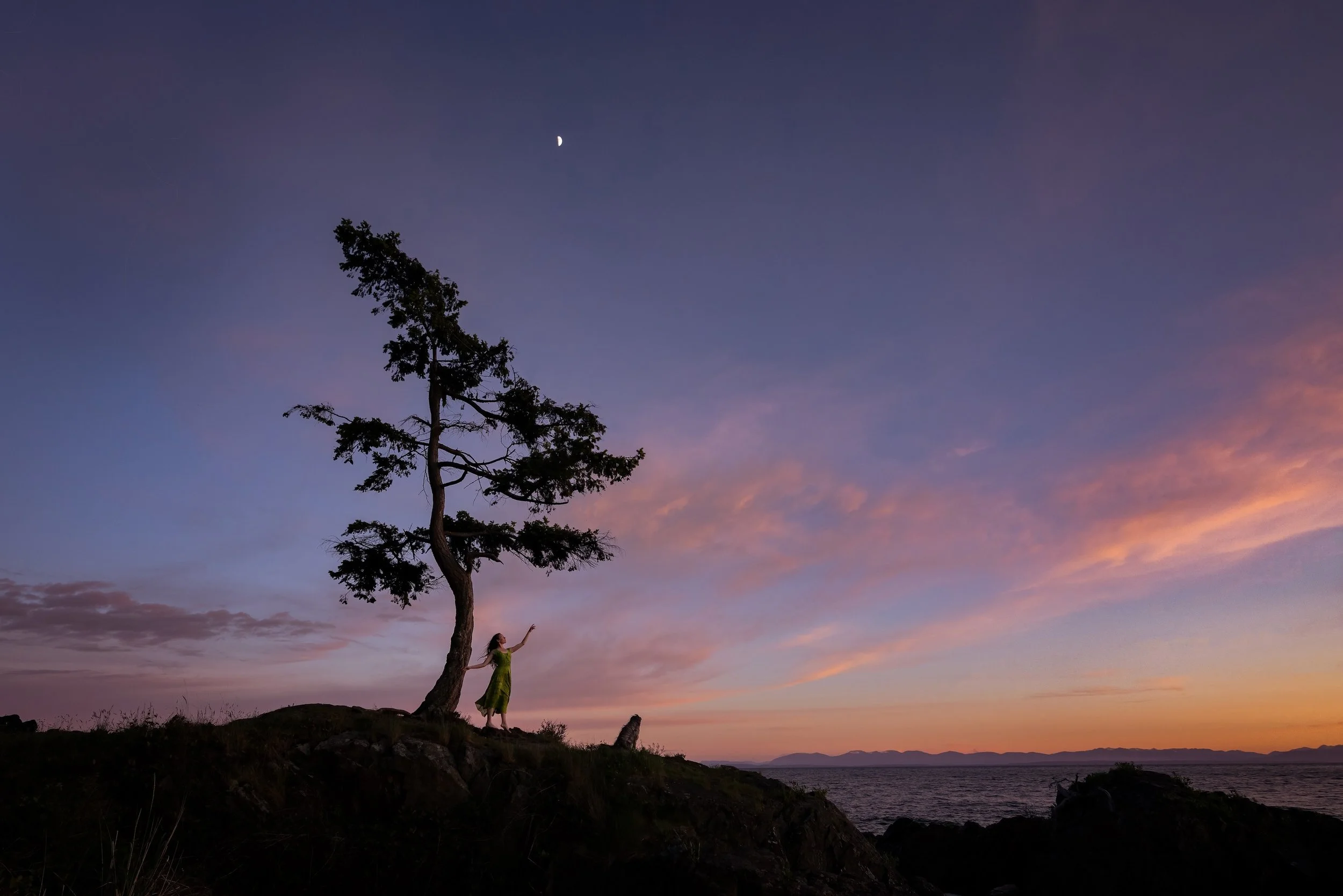 A woman in a green dress standing on a rocky hillside near a tree, reaching out towards the sky at sunset with a body of water and mountains in the background, a crescent moon visible overhead.
