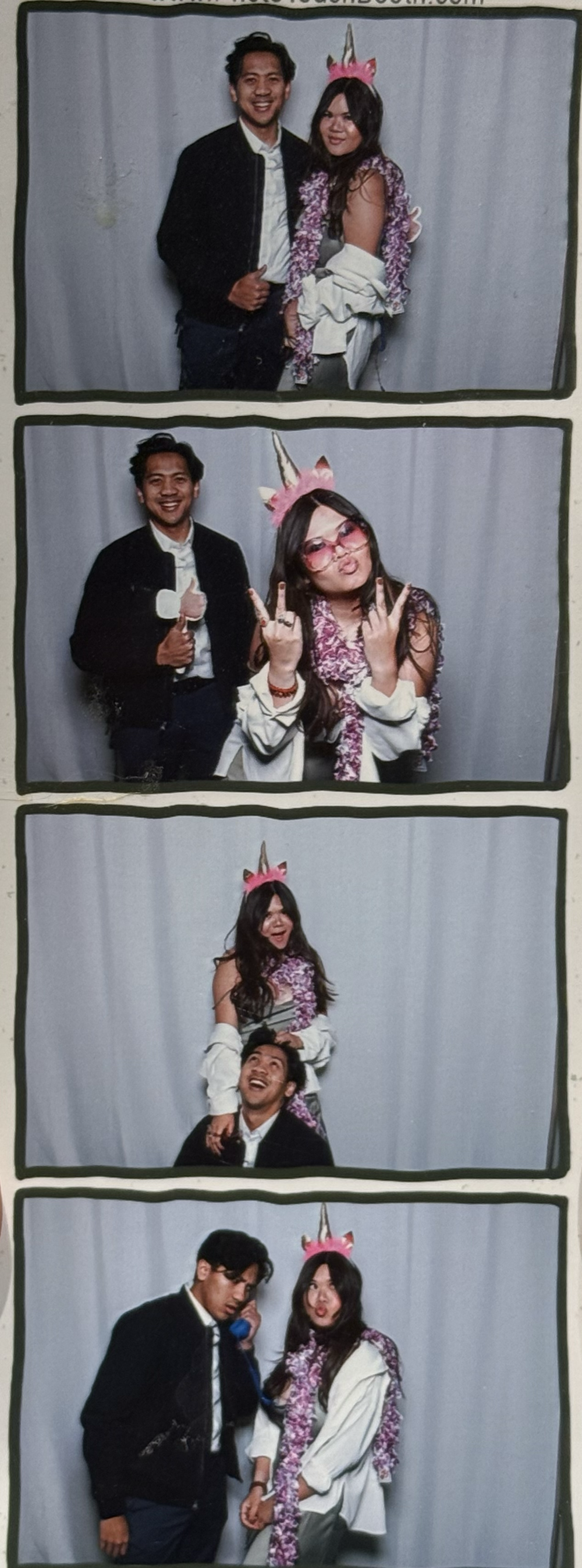 Series of four photos of a group of friends at a party, some wearing unicorn headbands and purple leis, posing and having fun in front of a grey backdrop.