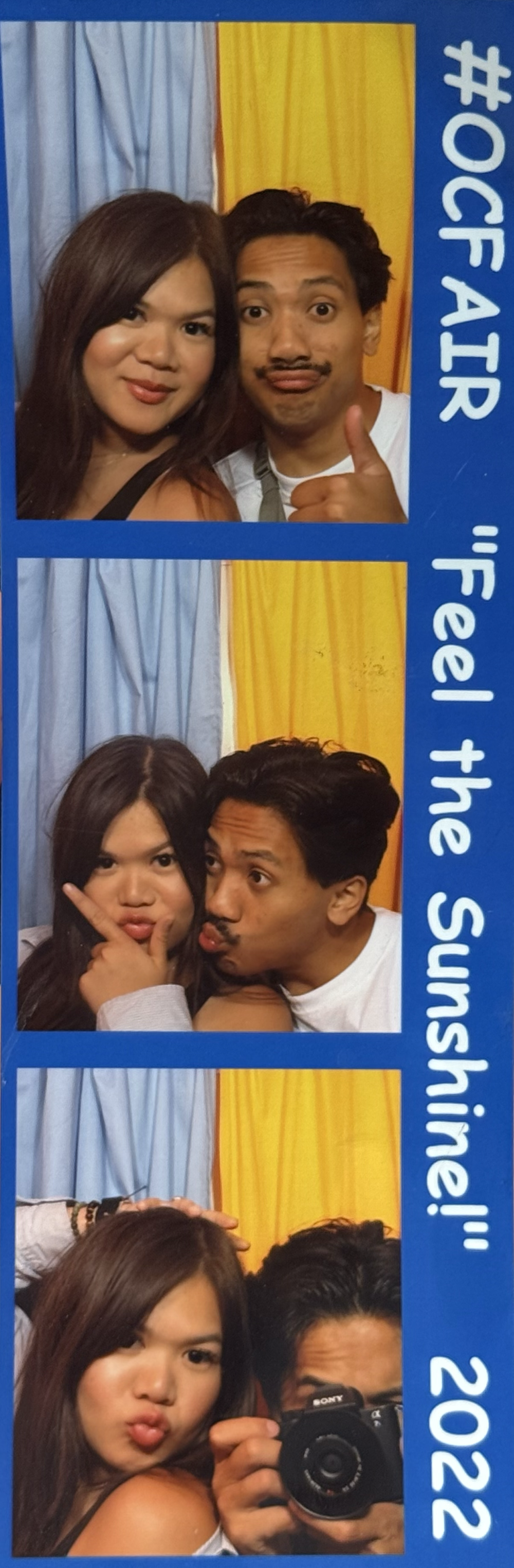 Three photo booth strips showing a woman and a man making funny faces and posing together in front of colorful blue, yellow, and white curtains in 2022.