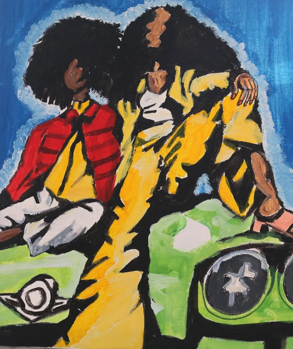 A colorful painting of three people sitting on a green car with a blue sky background. The person on the left has dark curly hair and is wearing a red shirt with black stripes. The middle person has dark curly hair and is wearing a white and yellow j