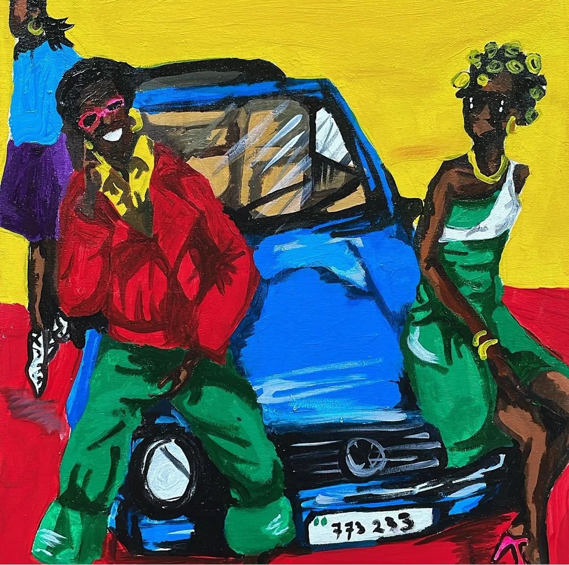 Painting of three fashionable women posing in front of a blue car, with a bright yellow background and a red floor. One woman wears a red jacket, green pants, white shoes, pink sunglasses, and yellow earrings. Another woman wears a green and white dr
