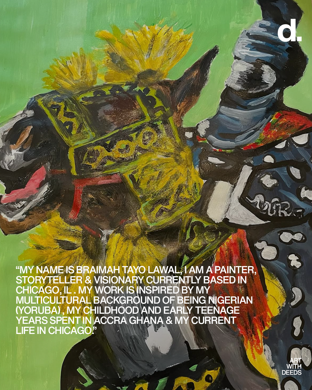 A colorful painting depicting a person with a headwrap, surrounded by yellow flowers and intricate patterns. The background is green with layers of bold brushstrokes, emphasizing the vibrant cultural theme.