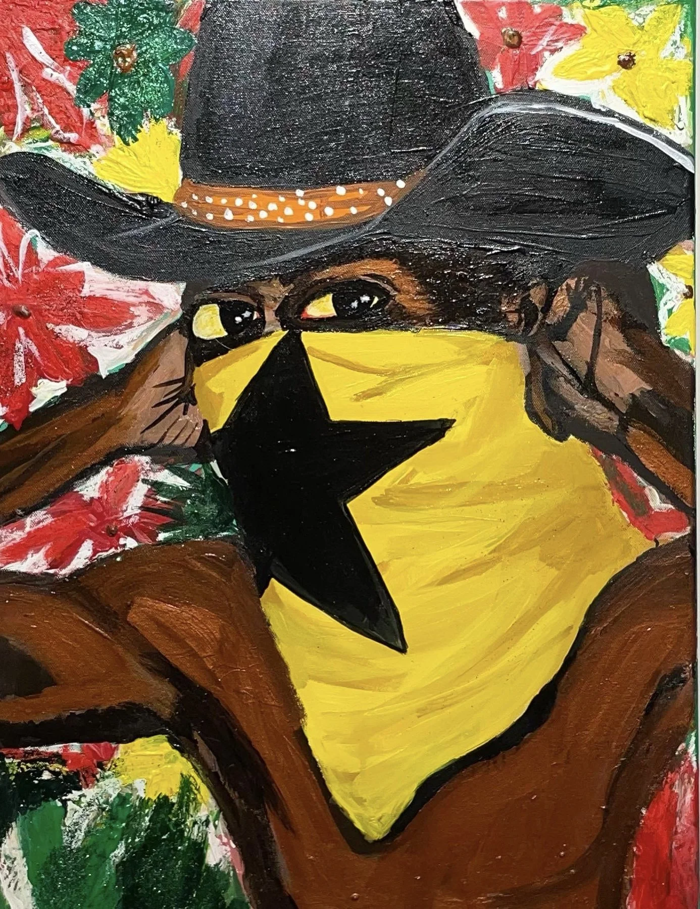 A colorful painting of a person wearing a cowboy hat and a mask with a star, surrounded by vibrant flowers and foliage.