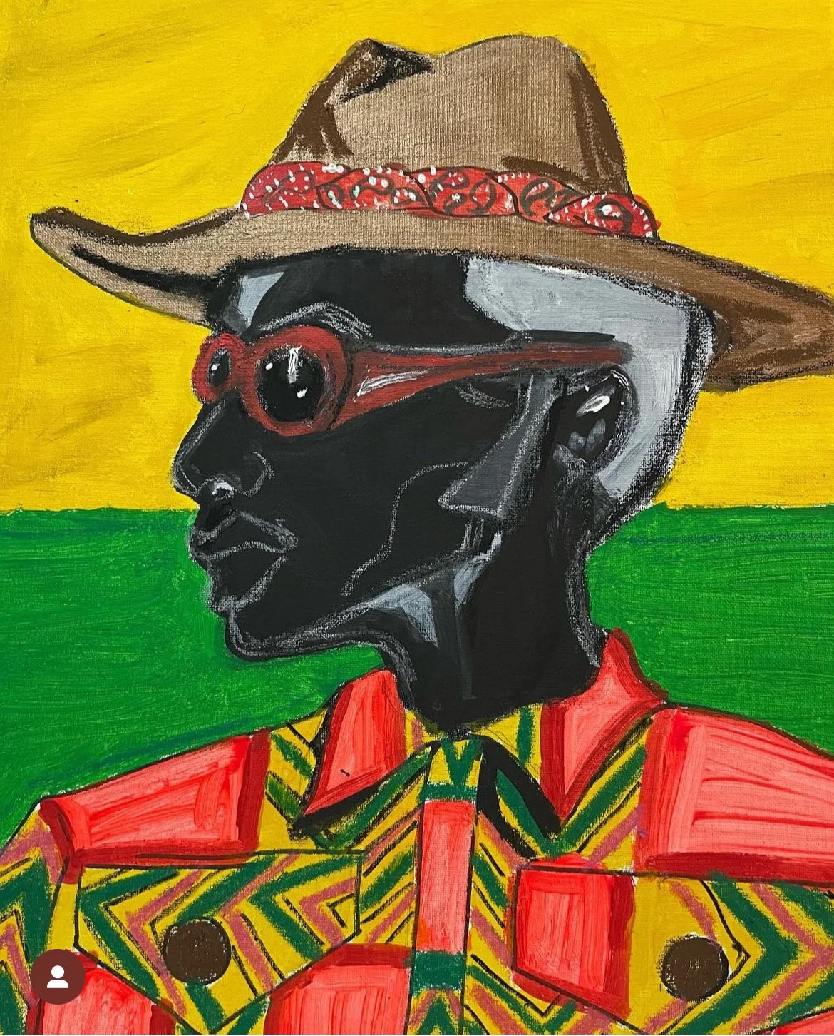 A portrait of a person with dark skin wearing a striped jacket, red shirt, and red sunglasses. They have a hat with a red bandana and a large wide-brimmed hat. The background consists of a yellow sky and green grass.