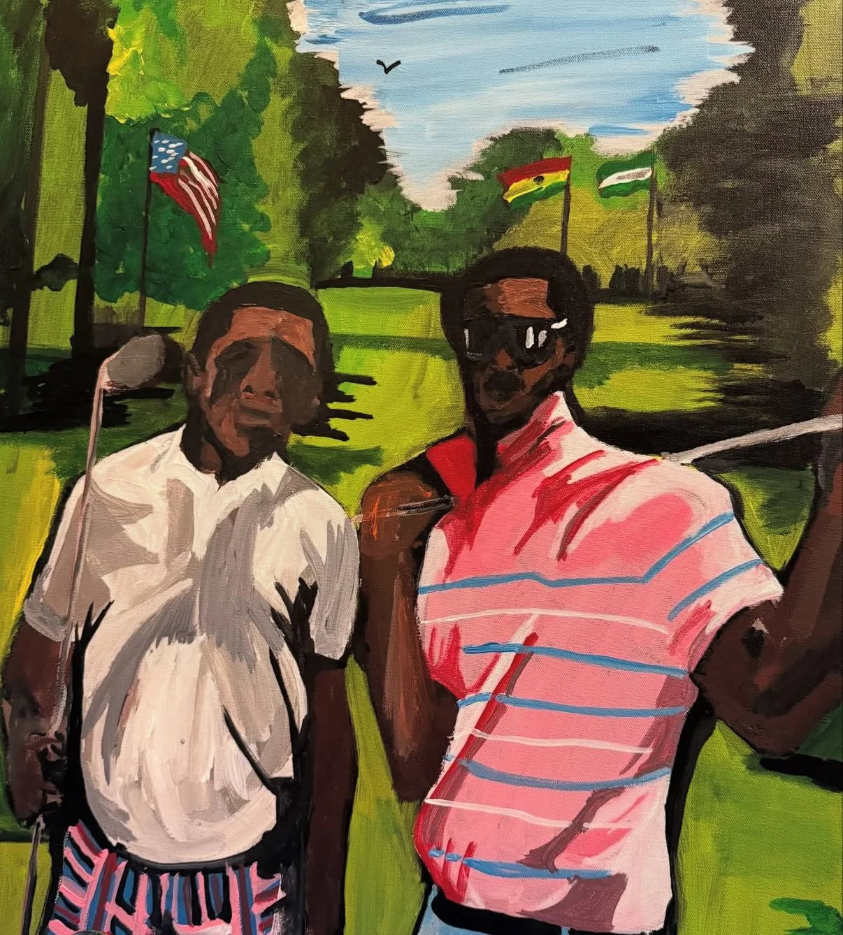 Painting of two men standing outdoors with American, Spanish, and Indian flags in the background. One man wears a white shirt and striped shorts, the other wears sunglasses and a pink striped shirt.