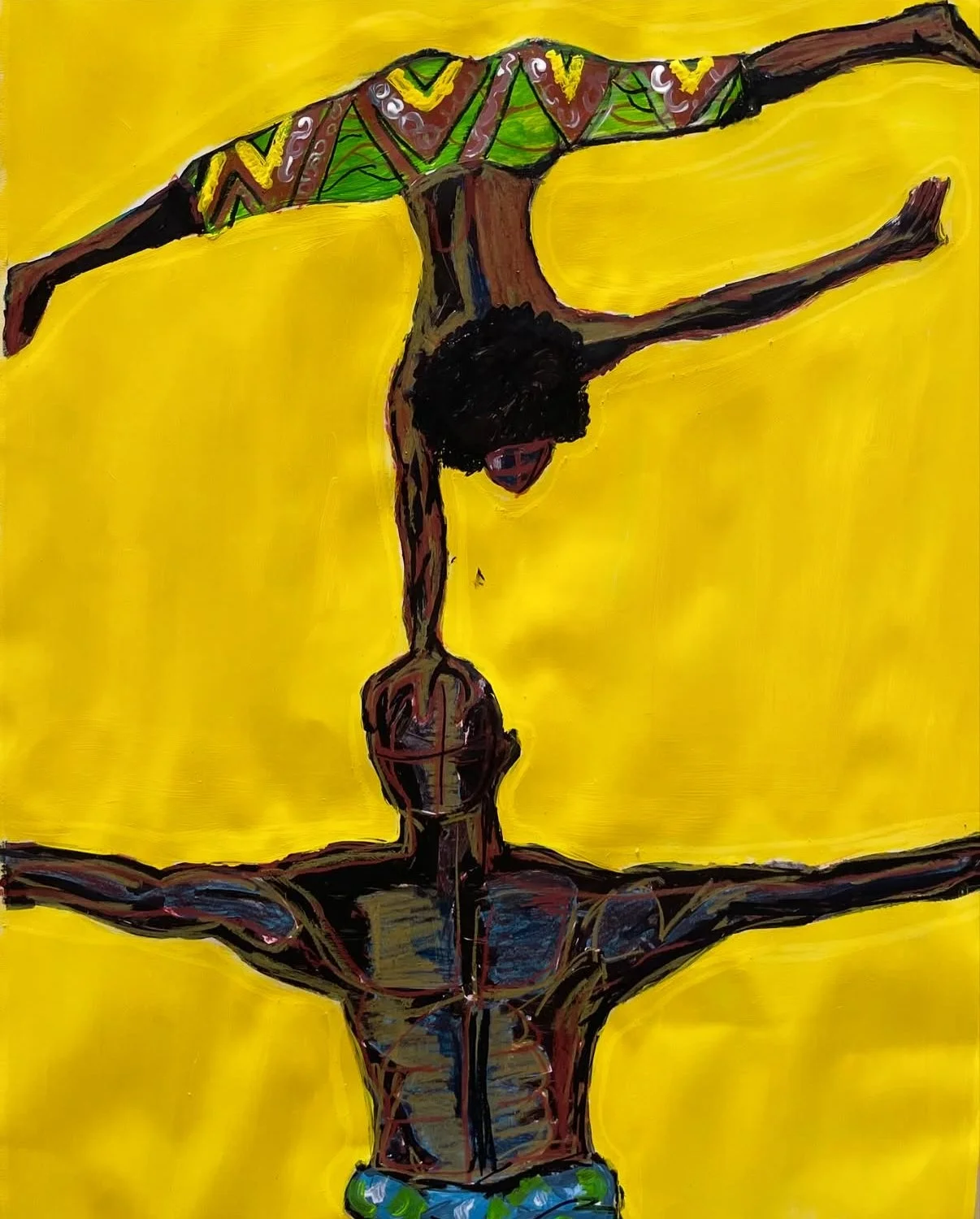 Colorful painting of a person performing a handstand with yellow background. The person has dark curly hair, wears patterned green, yellow, and brown shorts, and is depicted with expressive brushstrokes.