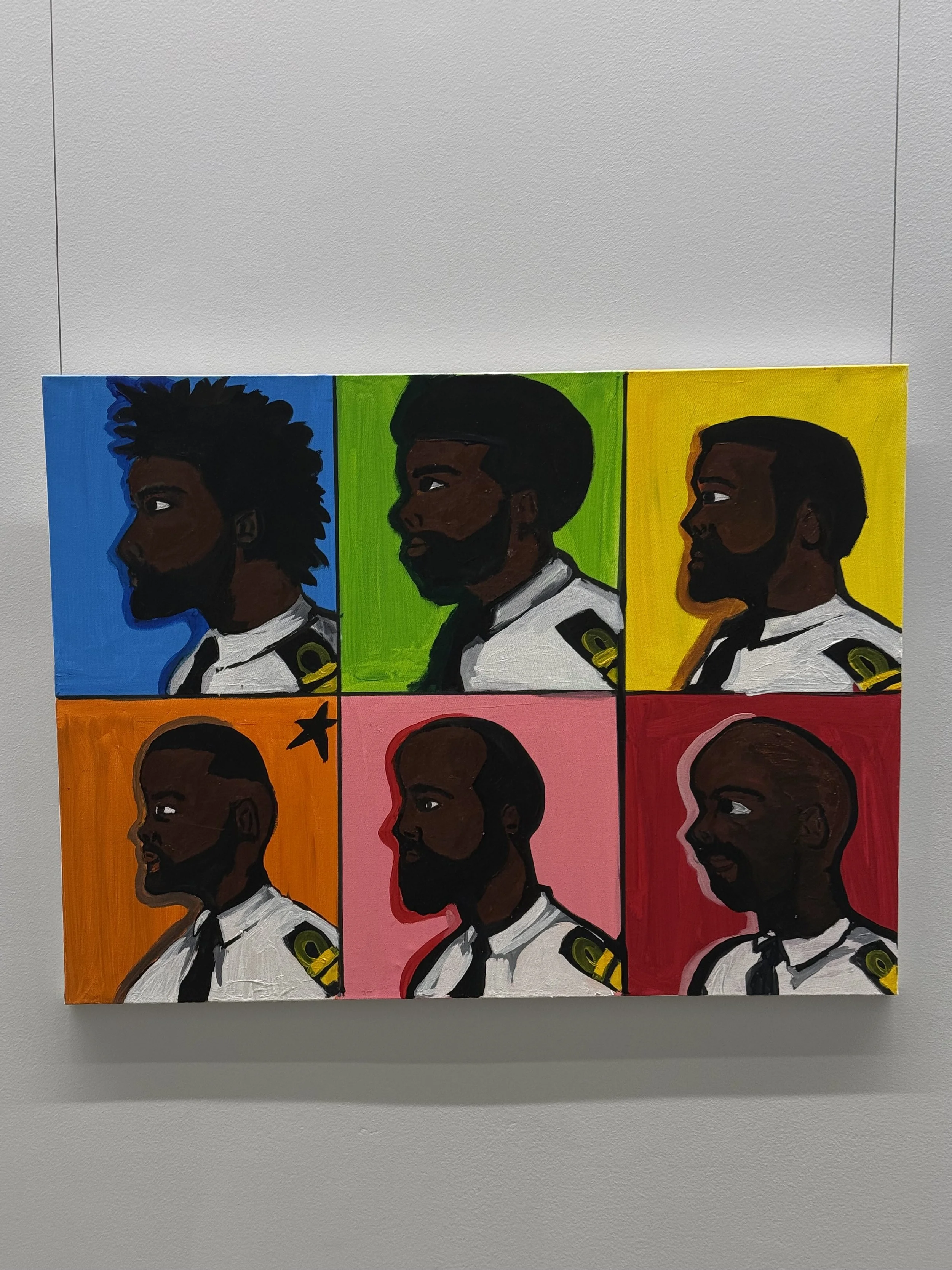 Pop art portrait of six male characters in military uniforms, each with different hairstyles and skin tones, arranged in a 2x3 grid with colorful backgrounds.