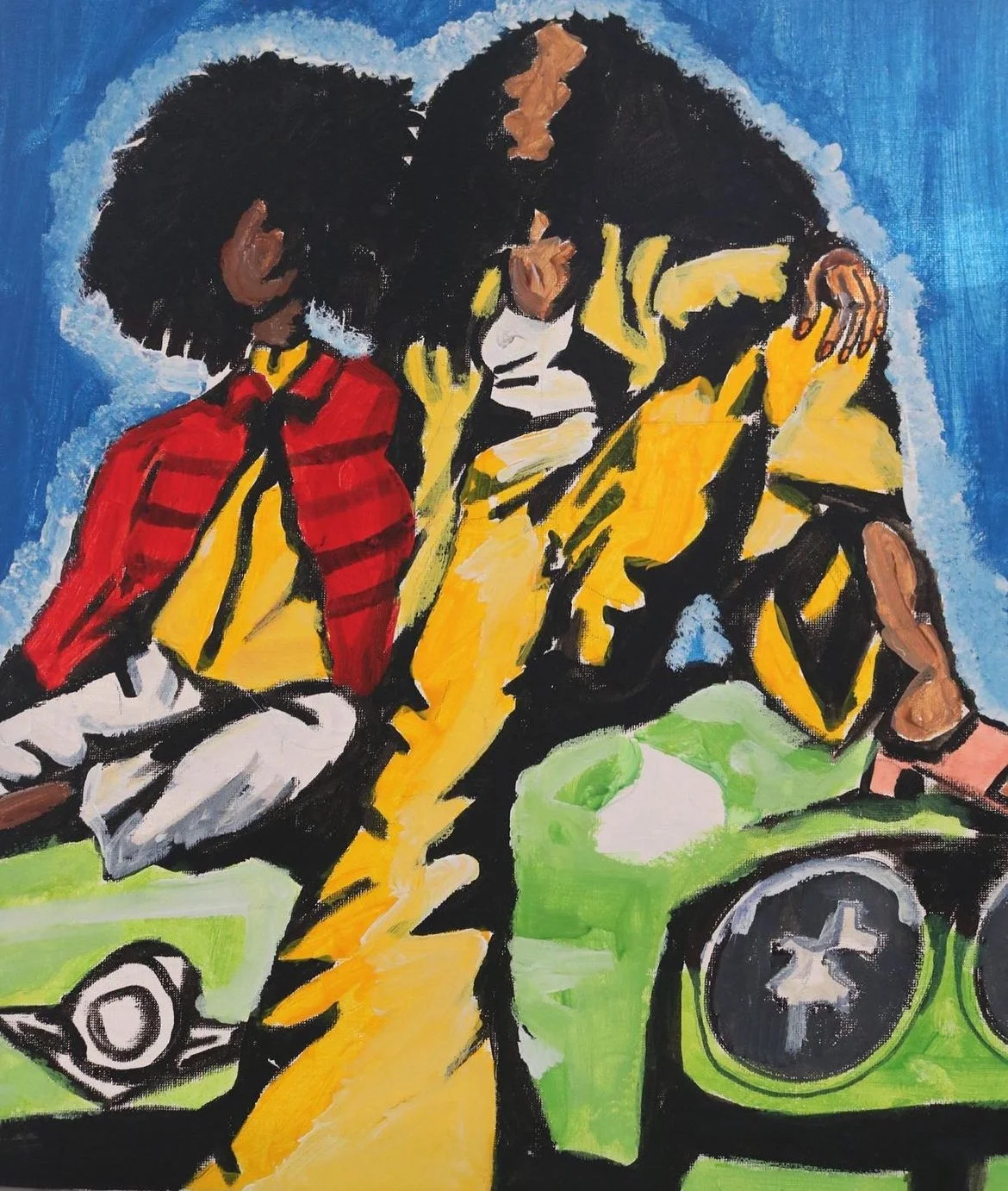 A colorful painting of three people, two women and one girl, sitting together outdoors on a green bench against a blue sky. The woman in the middle and the girl are embracing, while the other woman looks on.