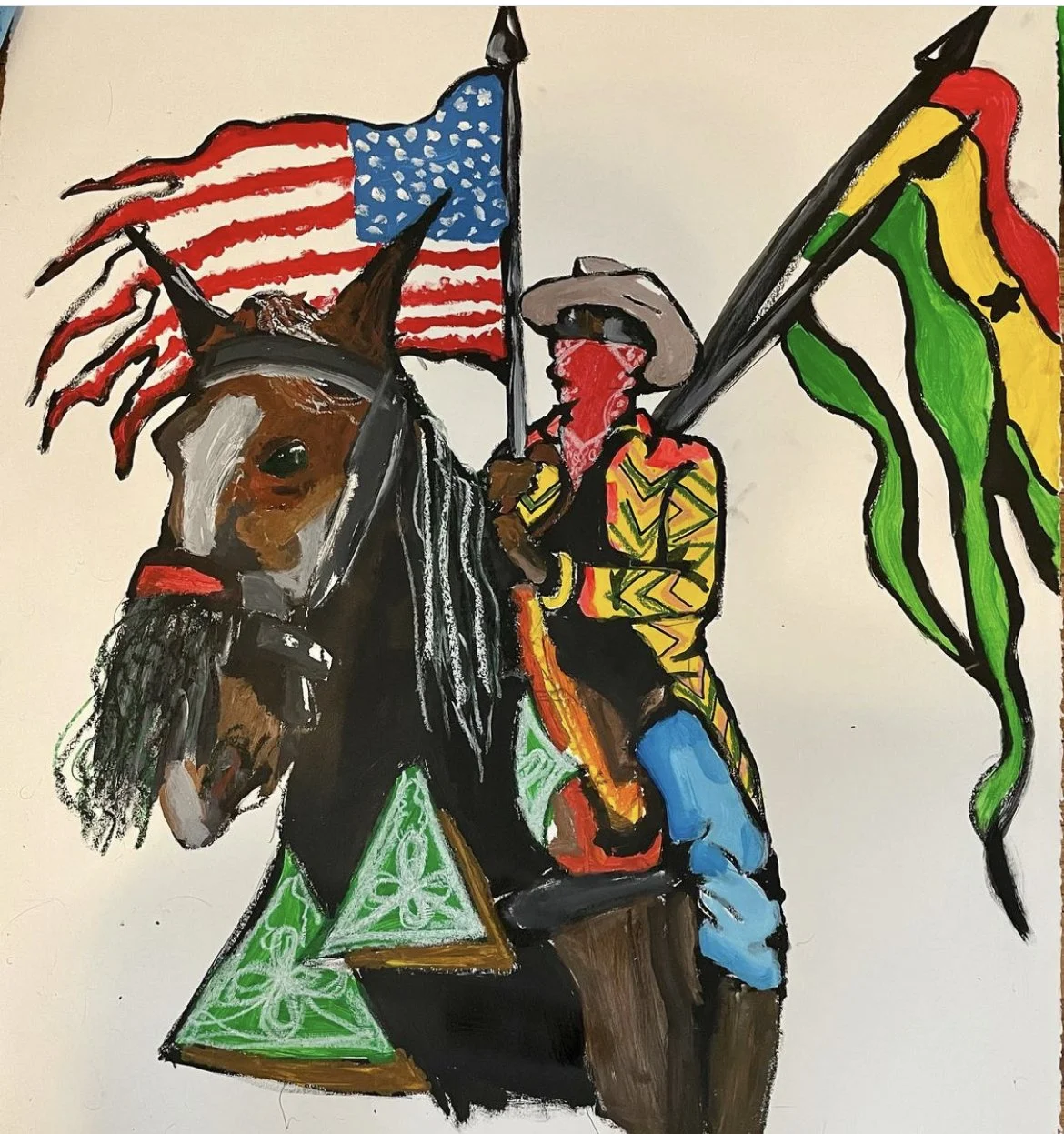 A colorful painting of a cowboy riding a horse, holding American and Colombian flags, with the cowboy wearing a hat, bandana, and a zigzag patterned yellow jacket.